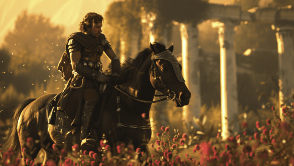 An AI depiction of Alexander the Great and his horse, Bucephalus.